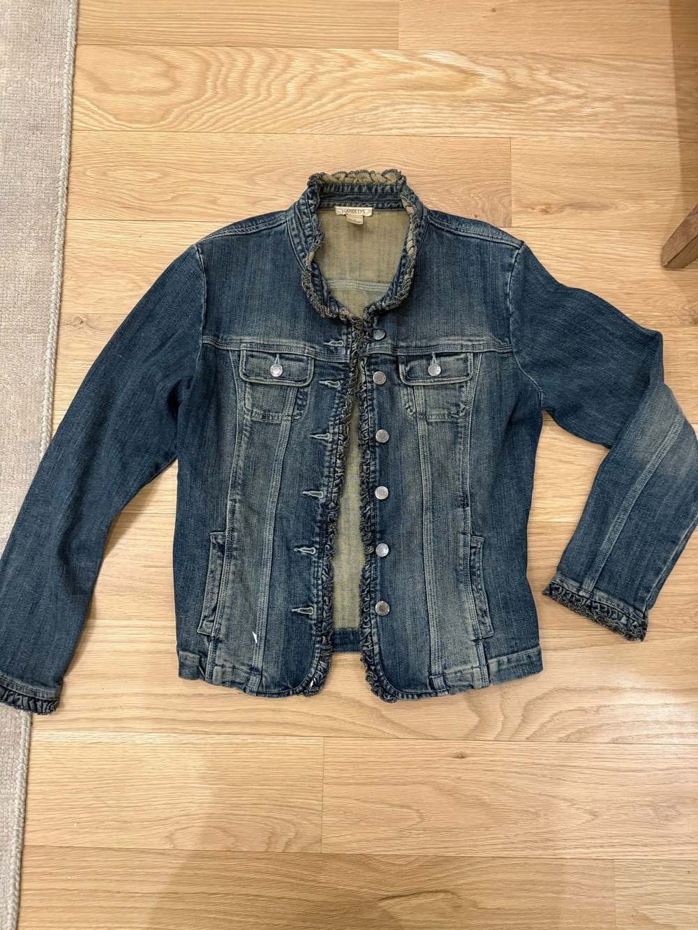 Harold’s Frayed Edge Dark Wash Denim Jacket. Size medium